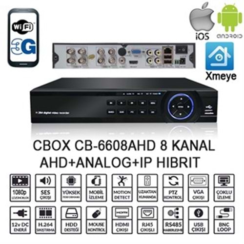 CBOX CB-6608AHD 8 KANAL 1080 4 SES AHD+ANLG+IP XMEYE HIBRIT DVR KAYIT
